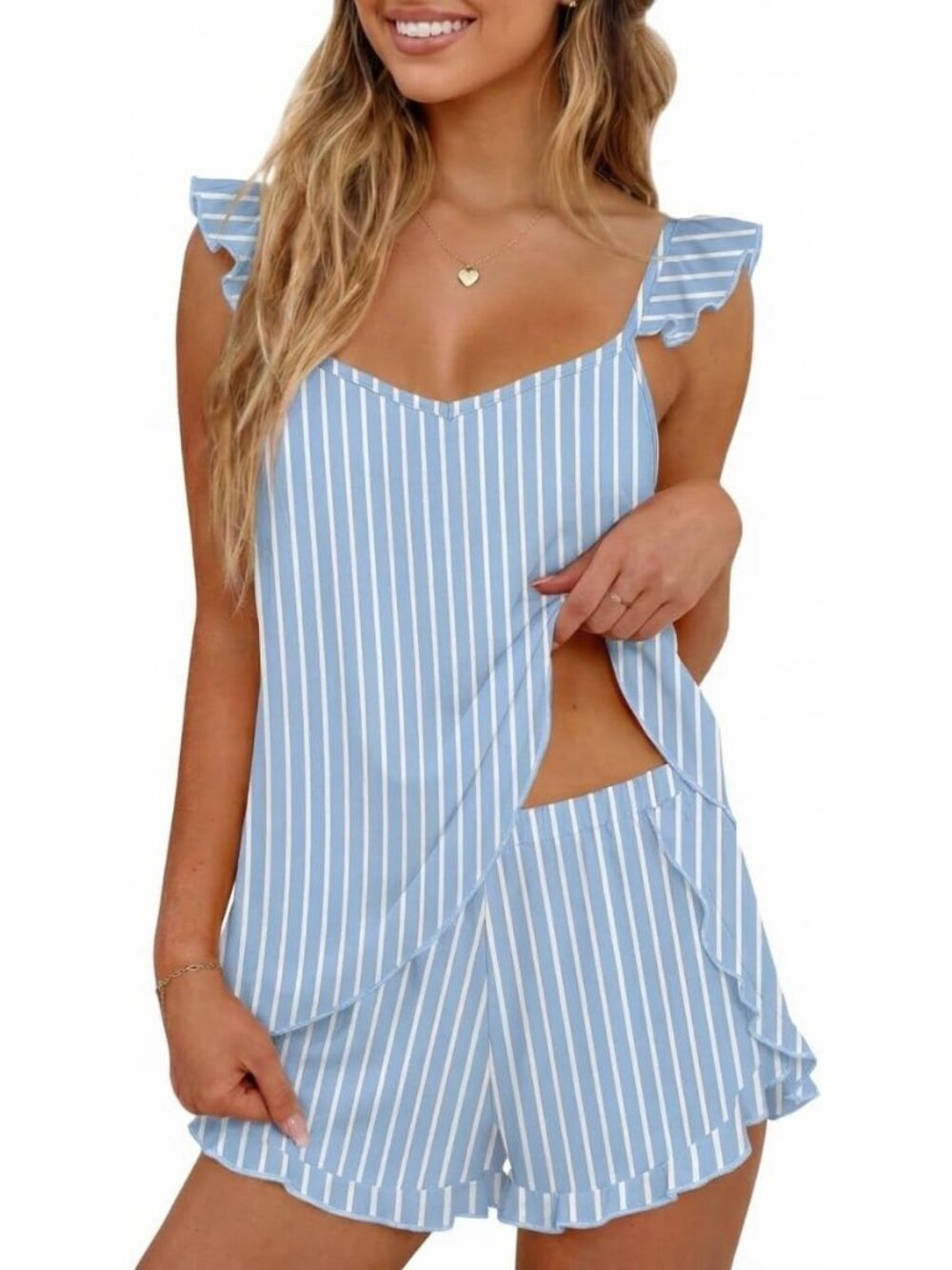 〽️Women's Outfit Set Blue White Stripe Cami Top and Shorts 2 Piece Lounge Set